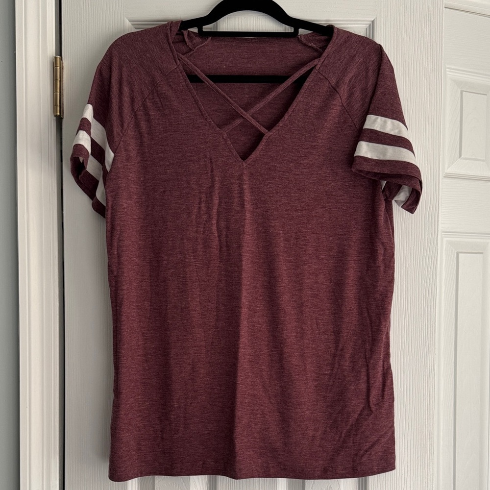 Women's Burgundy V-Neck Top with Striped Sleeves